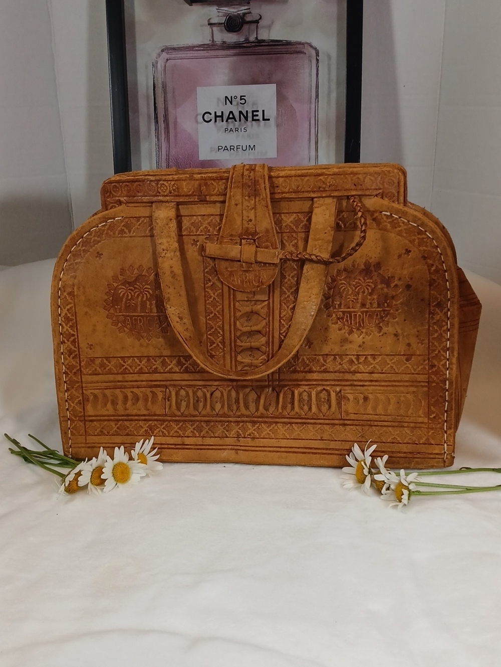 Vintage Handcrafted Tan Leather Embossed Tote Bag